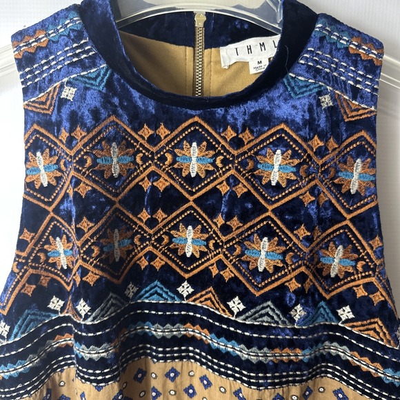 THML Dress Embroidered Colorful High Neck Velour Sleeveless Dress, Medium - Picture 2 of 10